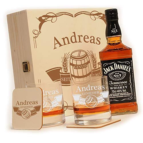 polar-effekt Whisky Geschenkset mit Gravur Zubehör Set - Jack Daniels No.7 Flasche - 2 Untersetzer - 2 Whiskygläser - personalisiert - Geschenke für Männer von polar-effekt