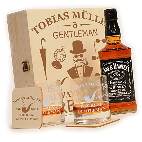 polar-effekt Whisky Geschenkset mit Gravur - Jack Daniels No.7 Flasche - 2 Untersetzer - 2 Whiskygläser - Zubehör Set personalisiert Geschenke für Männer von polar-effekt