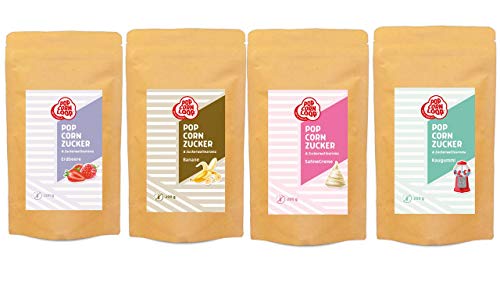 Popcornzucker 4er Set aus Erdbeere | Banane | Kaugummi | Sahne Creme jeweils 200g Zucker Aroma perfekt geeignet für Zuckerwatte und Popcorn zum zubereiten Zuhause Süßes Premium Zuckeraroma von popcornloop