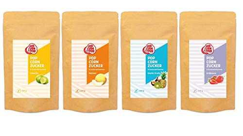 Popcornzucker 4er Set aus Erdbeere | Limette | Honigmelone | Exotic Fruits jeweils 200g Zucker Aroma perfekt geeignet für Zuckerwatte und Popcorn zum zubereiten Zuhause Süßes Premium Zuckeraroma von popcornloop