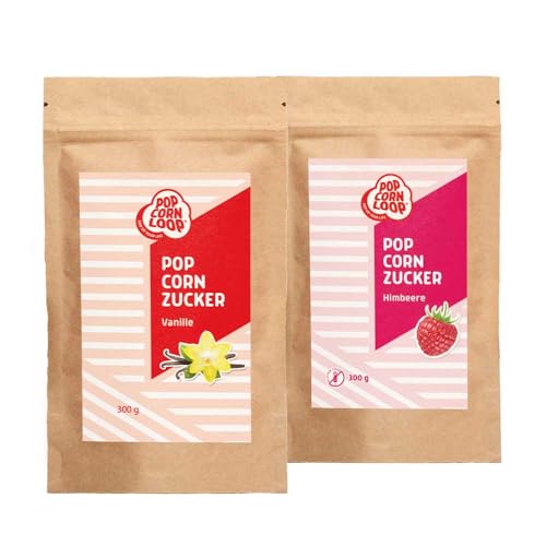 Popcornloop SET mit Popcornzucker Vanille 300 g mit Bourbon-Vanille Zucker Vanillin und Popcornzucker Himbeere 300g Zucker Popcorn Mais Gewürz zum Verfeinern Kochen Backen von popcornloop