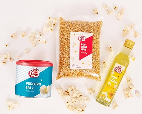 Popcornloop Zutaten Set Popcorn Puffmais Butterfly Mais 1kg, Popcornsalz mit Butteraroma 300g, Popcornöl 250ml mit Butteraroma,für Popcorn Zuhause Partyset Popcornset für Popcornmaschine von popcornloop