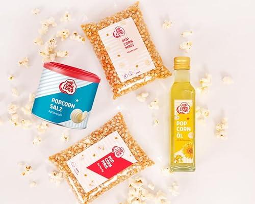 Popcornloop Zutaten Set mit Butterfly & Mushroom Mais je 500g, Popcornsalz Butteraroma 300g und Popcornöl 250ml mit Butteraroma, für Popcorn Zuhause Partyset Popcornset für Popcornmaschine von popcornloop
