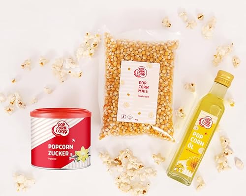 Popcornloop Zutaten Set mit Mushroom Mais 1 Kilo, Popcornzucker Vanille 300g und Popcornöl 250ml für Popcorn Zuhause Popcornmaschine von popcornloop