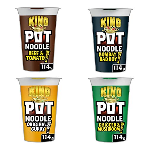 Pot Noodle King Bundle | Chicken & Mushroom King Pot 114g | Bombay Bad Boy 114g | Original Curry 114g | Beef & Tomato 114g | Total of 4x114g of Noodles von Pot Noodle