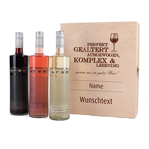 private Wine Wein-Geschenkset mit 3 Flaschen BREE in edler Holzkiste mit Gratis Aufdruck von private Wine