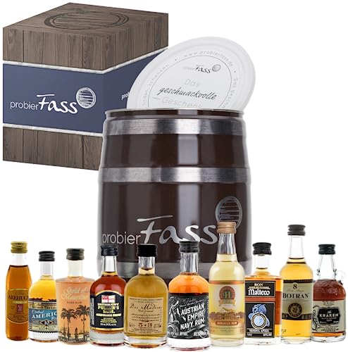 probierFass Rum Probierset | 10 beliebte Rum Klassiker (10 x 0.05 l) in einem originellen Fass mit Geschenkverpackung | Rum Geschenk | Rum Set von probierFass