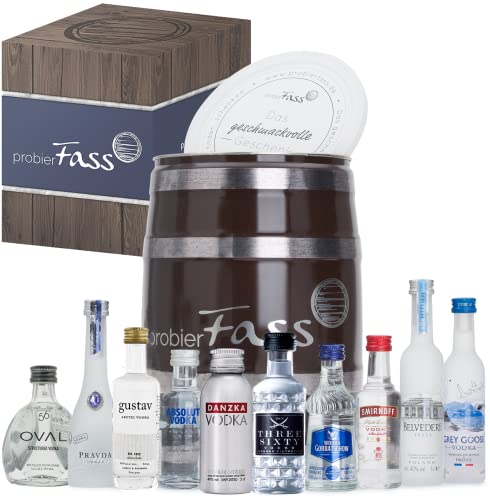 probierFass Vodka Geschenk | 10 beliebte Vodka Klassiker (8 x 0.05l und 2 x 0.04l) in einem originellen Fass mit Geschenkverpackung | Vodka Probierset | Vodka Set | Vodka Geschenkset von probierFass