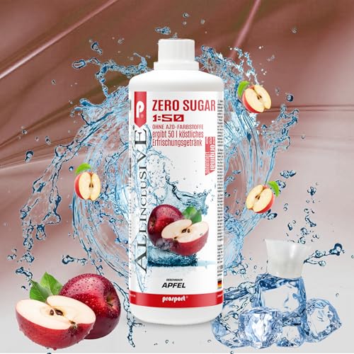 Prosport Allinclusive ZERO SUGAR Sirup, Apfel, 1 Liter Flasche, Premium Getränkekonzentrat 1:50, Vitaldrink, 50 Portionen, Vitamin B1, B6, B12 von PROSPORT