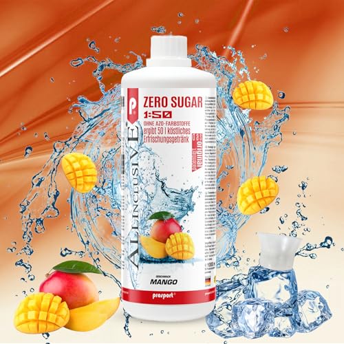 Prosport Allinclusive ZERO SUGAR Sirup, Mango, 1 Liter Flasche, Premium Getränkekonzentrat 1:50, Vitaldrink, 50 Portionen, Vitamin B1, B6, B12 von PROSPORT