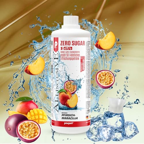 Prosport Allinclusive ZERO SUGAR Sirup, Pfirsich-Maracuja, 1 Liter Flasche, Premium Getränkekonzentrat 1:50, Vitaldrink, 50 Portionen, Vitamin B1, B6, B12 von PROSPORT