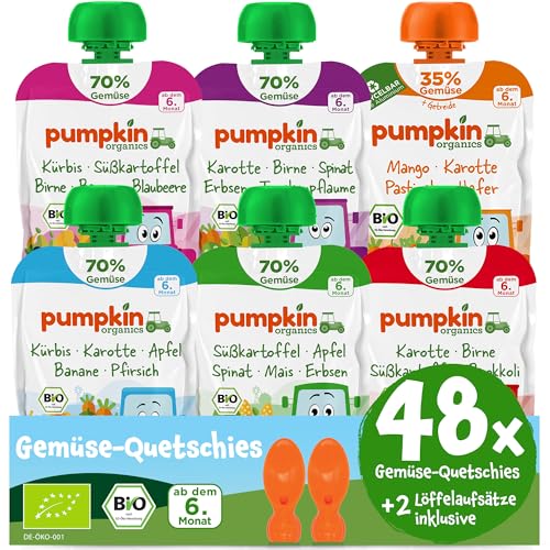Pumpkin Organics 48er Pack ERSTE LIEBE Bio Gemüse-Quetschies mit 2 Löffelaufsätzen - Quetschie ohne Zuckerzusatz¹ - Beikost unterwegs - für Babys ab dem 6. Monat - Bestseller (48x100g) von Pumpkin Organics