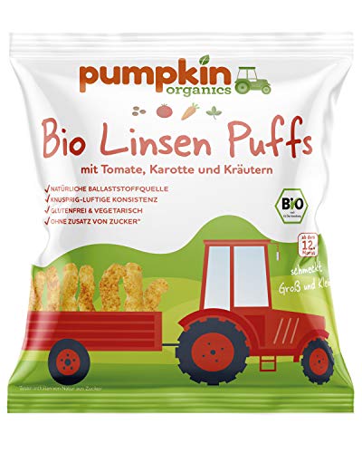 Pumpkin Organics Bio Linsen Puffs mit Tomate, Karotte & Kräutern, für Kinder und Babys ab dem 12. Monat, 24er Pack (24x20g) von Pumpkin Organics