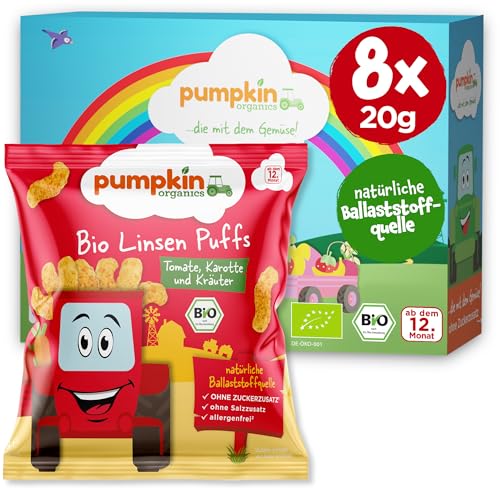 Pumpkin Organics Kindersnack Bio Linsen Puffs Tomate, Karotte und Kräutern (8er Pack) Baby Snacks ohne Zusatzstoffe ab dem 12. Monat - allergenfreie² und glutenfreie² Knuspersnacks für Kinder (8x20g) von Pumpkin Organics