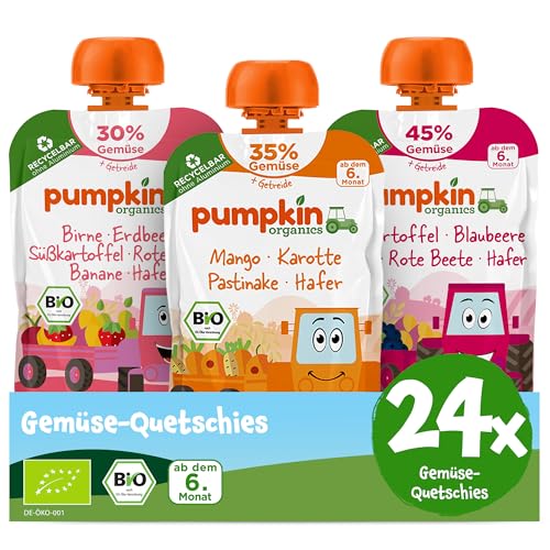 Pumpkin Organics 24er Pack QUERBEET Bio Gemüse Quetschies - Quetschie ohne Zuckerzusatz - Babynahrung für Babys ab dem 6. Monat - vegetarisch (24x100g) von Pumpkin Organics