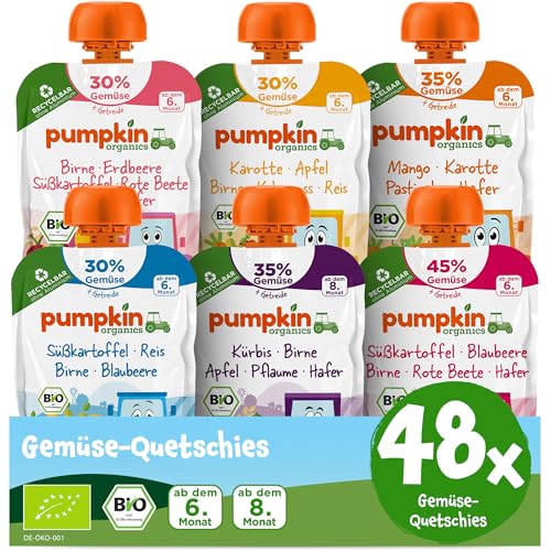 Pumpkin Organics 48er Pack QUERBEET Bio Gemüse-Quetschies - Quetschie ohne Zuckerzusatz¹ - Babynahrung für Babys ab dem 8. Monat - Bestsellerpaket (48x100g) von Pumpkin Organics