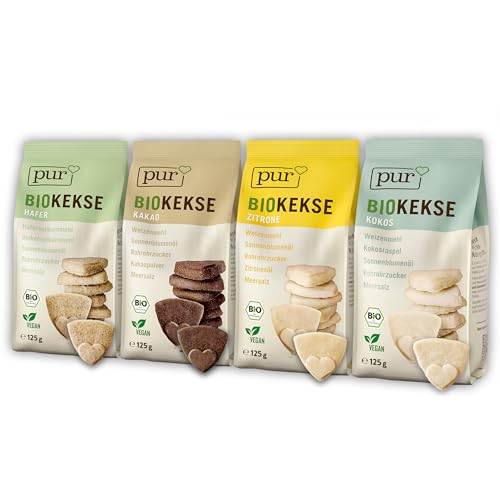 Pur Bio Kekse Probierpaket, 4 x 125g Beutel mit 4 Sorten: Haferkekse, Kekse mit Kakao, mit Zitrone und mit Kokos, veganer Snack als Knabberartikel, mit nur 5 natürlichen Zutaten, bio, vegan Pur Bio Kekse Probierpaket, 4 x 125g Beutel mit 4 Sorten: Haferkekse, Kekse mit Kakao, mit Zitrone und mit Kokos, veganer Snack als Knabberartikel, mit nur 5 natürlichen Zutaten, bio, vegan von pur