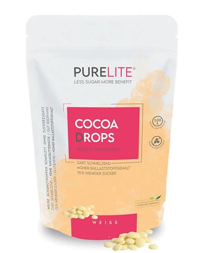 PURELITE Cocoa Drops weiss, zuckerreduzierte weiße Kakao Schokodrops ohne Zuckerzusatz, Erythrit & Stevia, Schokolade zum Schmelzen, Kuvertüre, Schokobrunnen, kalorienarm, 70% weniger Zucker, 450g von purelite
