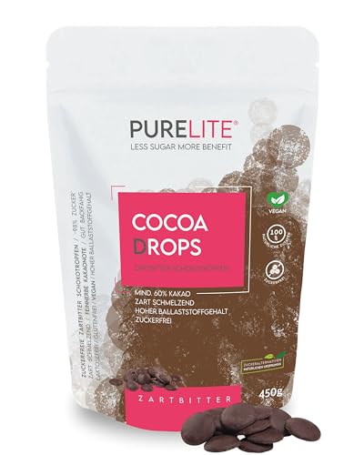PURELITE Cocoa Drops zartbitter vegan, feinherbe große Kakao Schokodrops ohne Zuckerzusatz, Erythrit & Stevia, Schokolade zum Schmelzen, Kuvertüre, Schokobrunnen, kalorienarm, mind. 60% Kakao, 450g PURELITE Cocoa Drops zartbitter vegan, feinherbe große Kakao Schokodrops ohne Zuckerzusatz, Erythrit & Stevia, Schokolade zum Schmelzen, Kuvertüre, Schokobrunnen, kalorienarm, mind. 60% Kakao, 450g von purelite