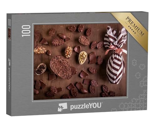 puzzleYOU: Puzzle 100 Teile „Kleine gefüllte Schokoladen-Ostereier, Pralinen und ein verpacktes Osterei“ – aus der Puzzle-Kollektion Schokolade von puzzleYOU