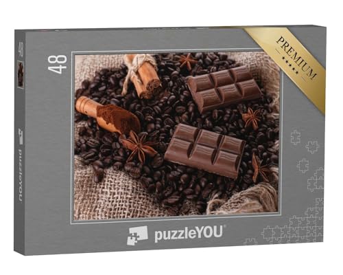 puzzleYOU: Puzzle 48 Teile „Duftendes Sortiment aus Schokolade, Kaffeebohnen, Zimt und Sternanis“ – aus der Puzzle-Kollektion Schokolade von puzzleYOU