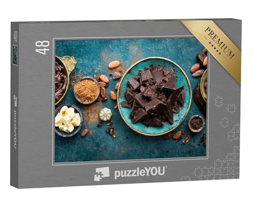 puzzleYOU: Puzzle 48 Teile „Dunkle Bitterschokolade mit Kakaopulver und Bohnen“ – aus der Puzzle-Kollektion Candybar, Schokolade, Essen und Trinken von puzzleYOU