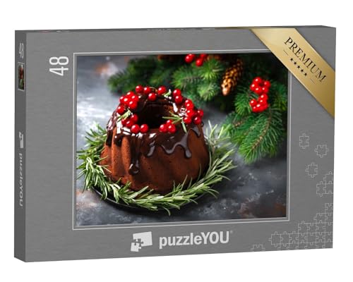 puzzleYOU: Puzzle 48 Teile „Weihnachtlicher Schokoladenkuchen mit Glasur, Beeren und Rosmarin“ – aus der Puzzle-Kollektion Weihnachten von puzzleYOU