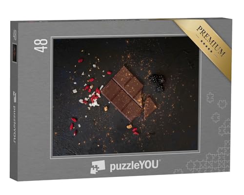 puzzleYOU: Puzzle 48 Teile „dunkle Schokolade umgeben von Açaí, Kokoschips, Brombeeren und Kakaopulver“ – aus der Puzzle-Kollektion Schokolade von puzzleYOU