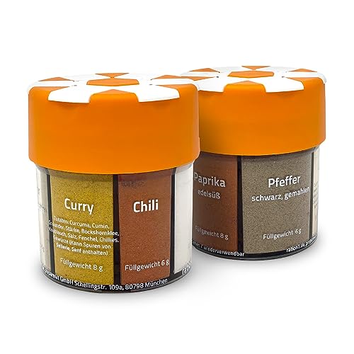 6 in 1 Gewürzstreuer von ration1, 2er Pack, Mehrfachstreuer mit 6 Gewürzen, Salz, Knoblauch, Curry, Paprika Edelsüß, Chili, Schwarzer Pfeffer, Gewürzmischung Set für Outdoor, Camping, Wandern, Zuhause von ration1.de