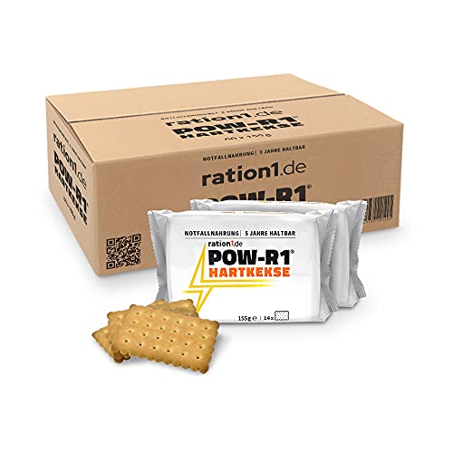 Abgepackte Kekse, 60er Pack, ration1 POW-R1® Hartkekse, Panzerplatten Bundeswehr, 14x knusprige Plätzchen je Packung (155g), Butterkeks Geschmack, 5 Jahre haltbar, für Outdoor, Camping, Wandern von ration1.de