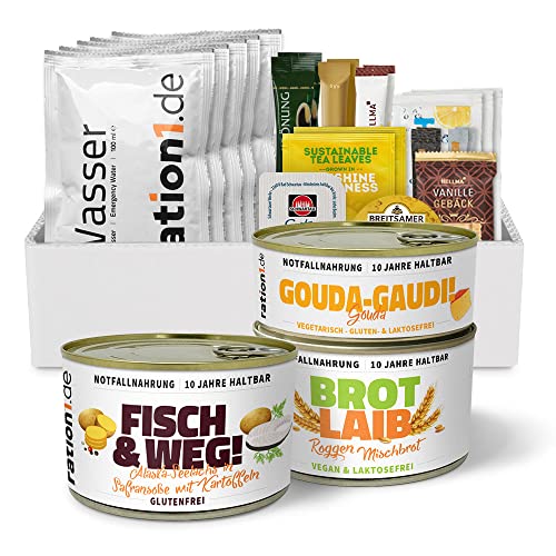ration1 EPa Alaska-Seelachs in Safransoße mit Kartoffeln, glutenfrei, Premium Langzeit Tagesration, Einmannpackung wie EPA Bundeswehr, Konserven & Wasser 10 Jahre haltbar, Notfallnahrung, Notration von ration1.de
