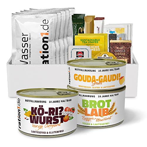 ration1 EPa Currywurst, Premium Tagesration, Einmannpackung wie EPA Bundeswehr, laktosefrei & glutenfrei, Konserven & Wasser 10 Jahre haltbar, Emergency Food, Notfallnahrung Fertiggerichte von ration1.de