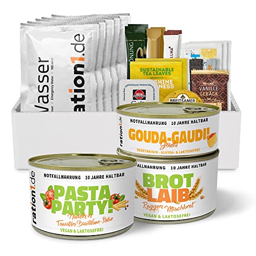 ration1 Langzeit EPa Nudeln in Tomaten-Basilikum Soße, vegan & laktosefrei, Premium Tagesration, Einmannpackung wie EPA Bundeswehr, Konserven (Fertiggericht Gouda Dosenbrot) & Wasser 10 Jahre haltbar von ration1.de