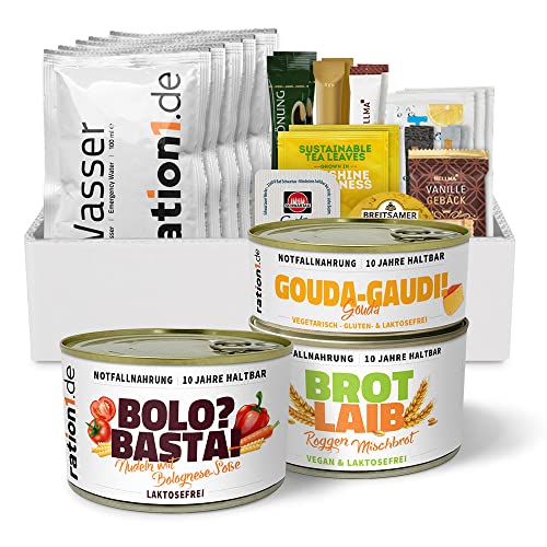 ration1 EPa Nudeln mit Bolognese Soße, laktosefrei, Premium Tagesration, Einmannpackung wie EPA Bundeswehr, Konserven (Fertiggericht, Gouda, Dosenbrot) & Wasser 10 Jahre haltbar, Notfallnahrung von ration1.de