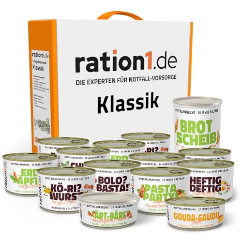 ration1 Notration Fertigessen, Emergency Food lange haltbar (MHD 2034), Nudeln, Currywurst, Kartoffeln, Hähnchen Curry, Brot, Gouda, Aufstrich Erdbeere, Outdoor Nahrung für Camping, Trekking oder Büro von ration1.de