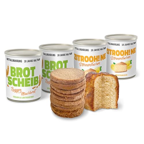 ration1 Probierpaket Dosenbrot 2x 350g und Dosenkuchen 2x 360g, Zitronenkuchen, Roggen-Mischbrot, fertig gebacken, Kuchen & Brot zum Wandern, Camping, als Notvorrat, beim Picknick,10 Jahre haltbar von ration1.de