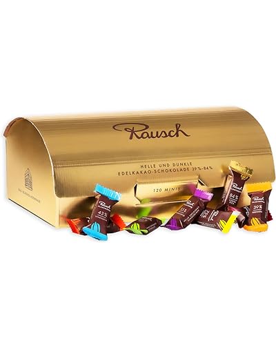 Rausch Plantagen Goldbox – Goldene Box gefüllt mit 120 Minis Schokolade aus purer Edelschokolade 39-84% – Schokolade aus aller Welt – Schokoladen Geschenkset von Rausch