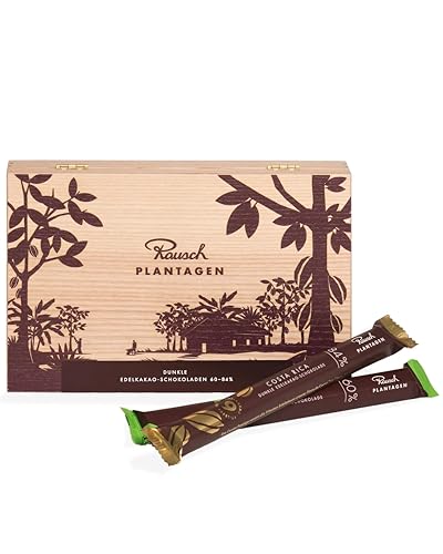 Rausch Plantagen Holz Schatulle – Holz Schachtel gefüllt mit 12 Sticks dunkler Edelschokolade – Schokolade aus aller Welt – Schokoladen Geschenkset von rausch