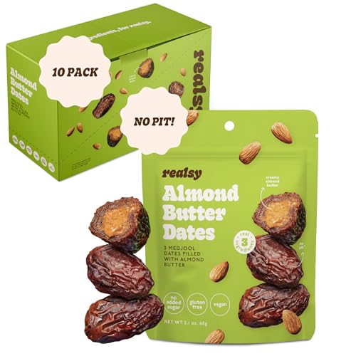 Realsy Medjool-Datteln mit Mandelbutter gefüllt, Bio-Datteln ohne Zuckerzusatz, glutenfrei, vegan, gute Ballaststoffquelle, niedriger glykämischer Index, natürlicher gesunder Snack, 10 Stück Realsy Medjool-Datteln mit Mandelbutter gefüllt, Bio-Datteln ohne Zuckerzusatz, glutenfrei, vegan, gute Ballaststoffquelle, niedriger glykämischer Index, natürlicher gesunder Snack, 10 Stück von realsy