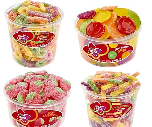4 Dosen Red Band Mix - Fruchtgummi Smile, Wilde Erdbeeren,Super Saure Pommes,super saure Schnuller 4 Dosen Red Band Mix - Fruchtgummi Smile, Wilde Erdbeeren,Super Saure Pommes,super saure Schnuller von red band Mix