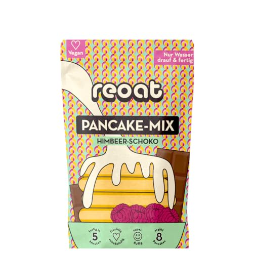 reoat Himbeer Schoko Pancake Mix - Veganer Pancake Teig - 200 g Pancakemix für fluffige Pancakes ohne Eier - Fertiges Pancakes Pulver für vegane Pfannkuchen mit regionalen Zutaten aus Deutschland von reoat