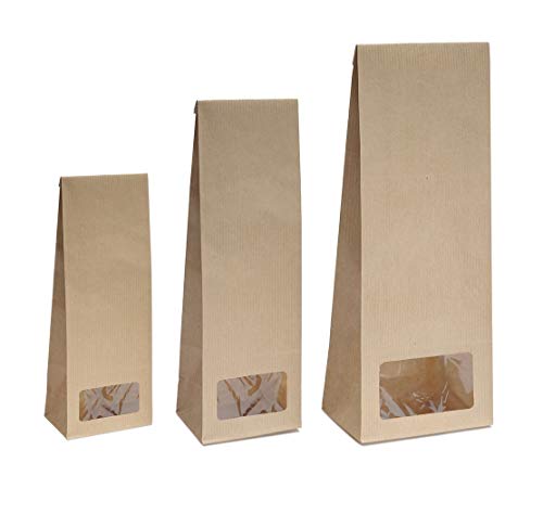 10x Blockbodenbeutel mit rechteckigem Sichtfenster - 100g - 7 x 4 x 20,5 cm - Papiertüten Bodenbeutel Geschenktüte Papierbeutel Tütchen Kraftpapier Papierbeutel Adventskalendertüten zum Befüllen von rs-products