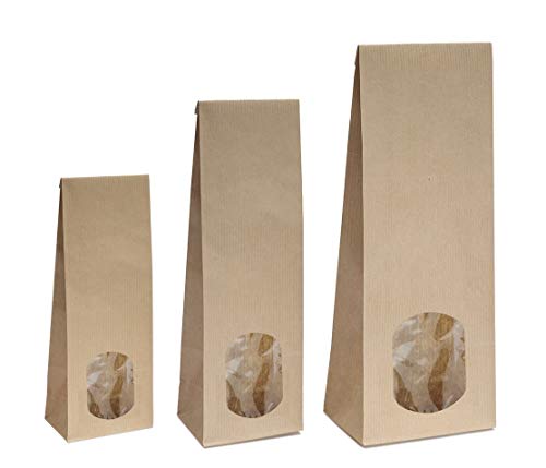 Blockbodenbeutel mit ovalem Sichtfenster - 100g/250g/500g - 10,5 x 6 x 29 cm - Papiertüten Bodenbeutel Geschenktüte Tütchen Kraftpapier (500g – mit ovalem Sichtfenster, 10 Stk.) von rs-products