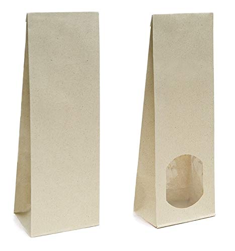 Graspapierbeutel 250g - Größe B 8 x T 5 x H 24,3 cm - Blockbodenbeutel Papiertüten Bodenbeutel Geschenktüte Papierbeutel Tütchen Biofolie (Graspapier mit Sichtfenster, 50 Stk.) von rs-products