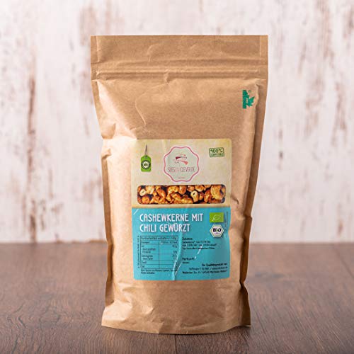 süssundclever.de® Bio Cashewkerne | geröstet & gesalzen | mit Chili | 1,0 kg | ganze Kerne | plastikfrei und ökologisch-nachhaltig abgepackt von SÜSSUNDCLEVER.DE est 2016