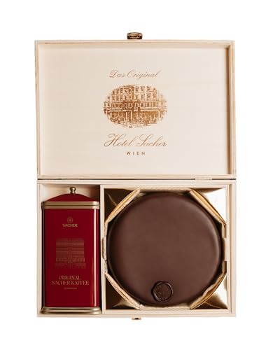 Original Sacher Geschenkbox – Sacher-Torte M & Aromatischer Kaffee – Schokoladentorte mit Marillenkonfitüre – Meisterwerke als Geschenkidee von sacher
