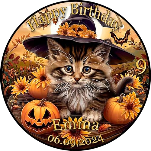Tortenaufleger Fototorte Tortenbild Geburtstag Halloween Katze Hexenhut Kürbis Herbst Sonnenblume HW35 (Zuckerpapier) Rund 14 cm Ø ohne Foto von sales-world24