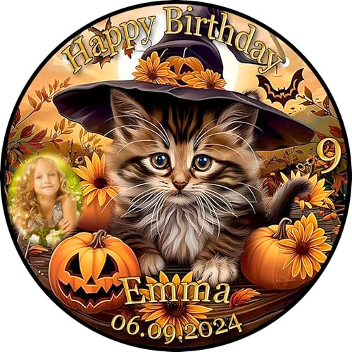 Tortenaufleger Fototorte Tortenbild Geburtstag Halloween Katze Hexenhut Kürbis Herbst Sonnenblume HW35 (Zuckerpapier) Rund 20 cm Ø mit Foto von sales-world24