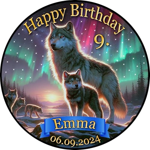 Tortenaufleger Fototorte Tortenbild Geburtstag Party Polarlichter Wolf Wölfe WÖ06 (Zuckerpapier) Rund 14 cm Ø ohne Foto von sales-world24