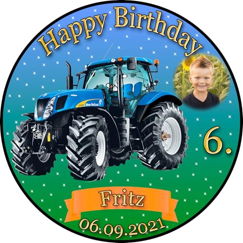 Tortenaufleger Fototorte Tortenbild Kindergeburtstag Fahrzeuge Traktor Trecker FZ02 (Zuckerpapier) Rund 14 cm Ø mit Foto Blau von sales-world24